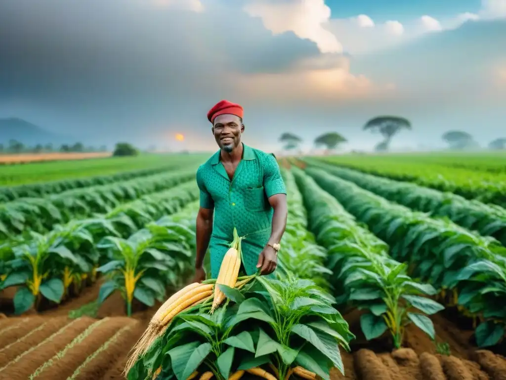 Un grupo de agricultores africanos en un campo verde exuberante, mostrando oportunidades en la cadena de valor agrícola