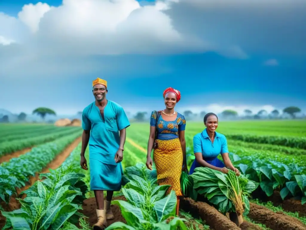 Grupo de agricultores africanos trabajando en un campo verde con simbolismo de agricultura sostenible y tradicional en África