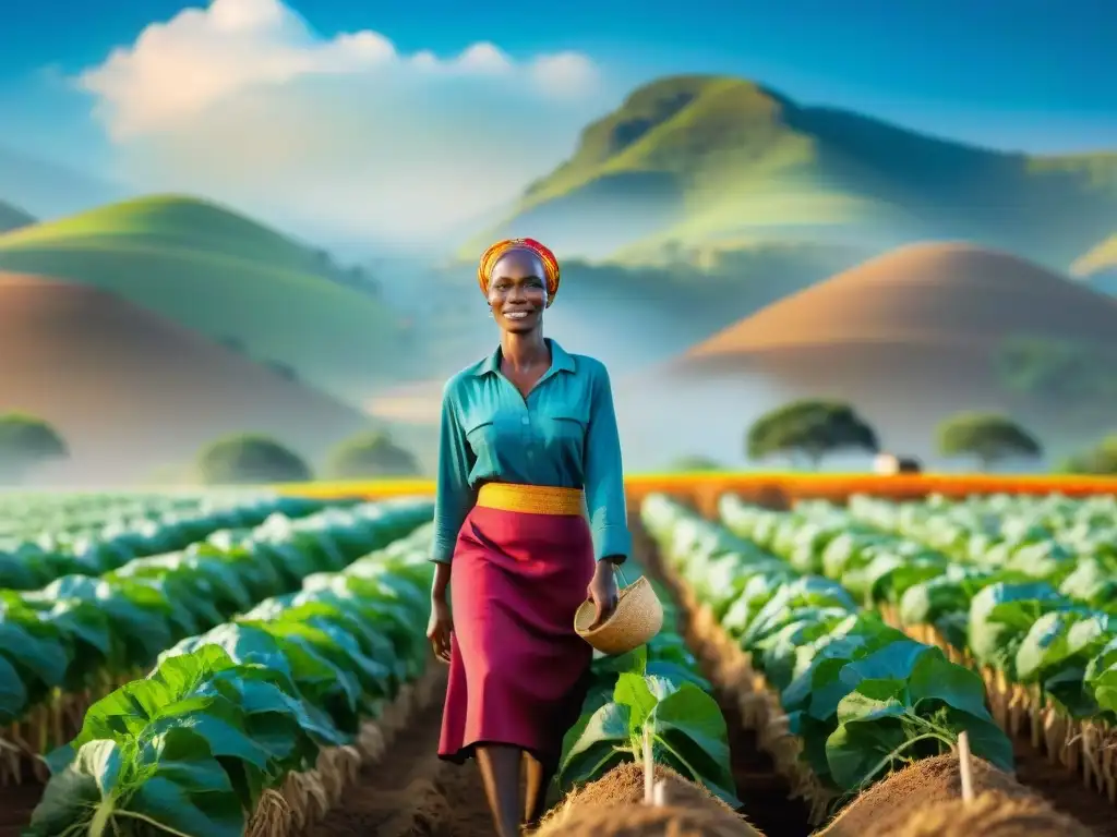 Grupo de agricultores africanos en campos vibrantes, reflejando oportunidades en la cadena de valor agrícola