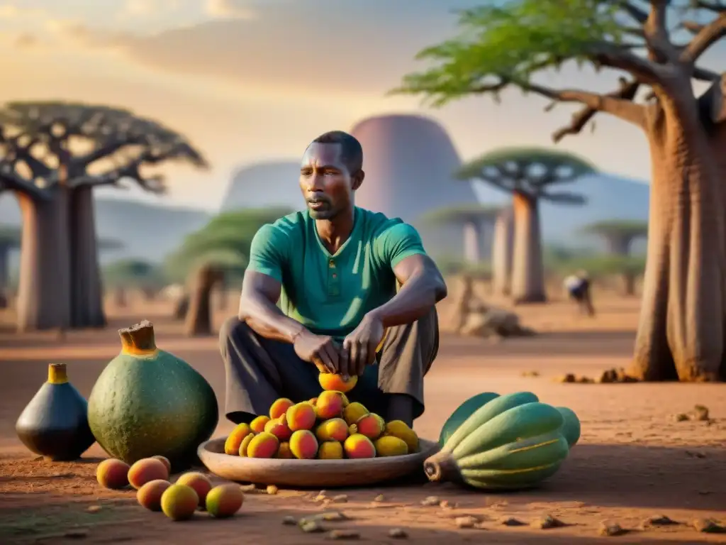 Un grupo de agricultores africanos cosechando frutas exóticas Baobab bajo el sol, reflejando la autenticidad de la industria de suplementos