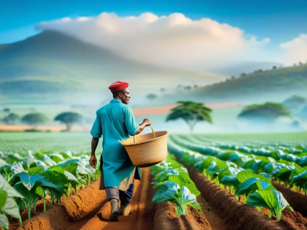 Un grupo de agricultores africanos trabajando juntos en un campo colorido, destacando el simbolismo de la agricultura sostenible en África