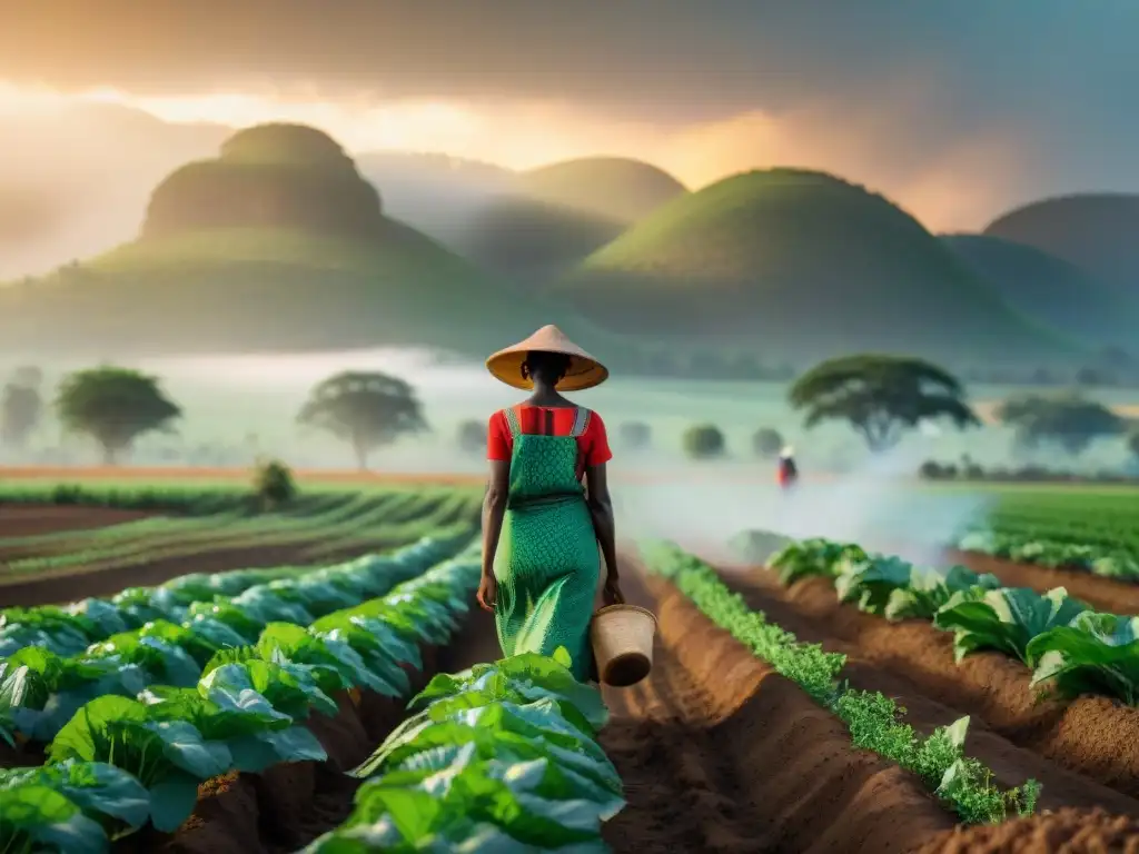 Grupo de agricultores africanos trabajando juntos en un campo soleado, empleando técnicas agrícolas africanas frente al cambio climático