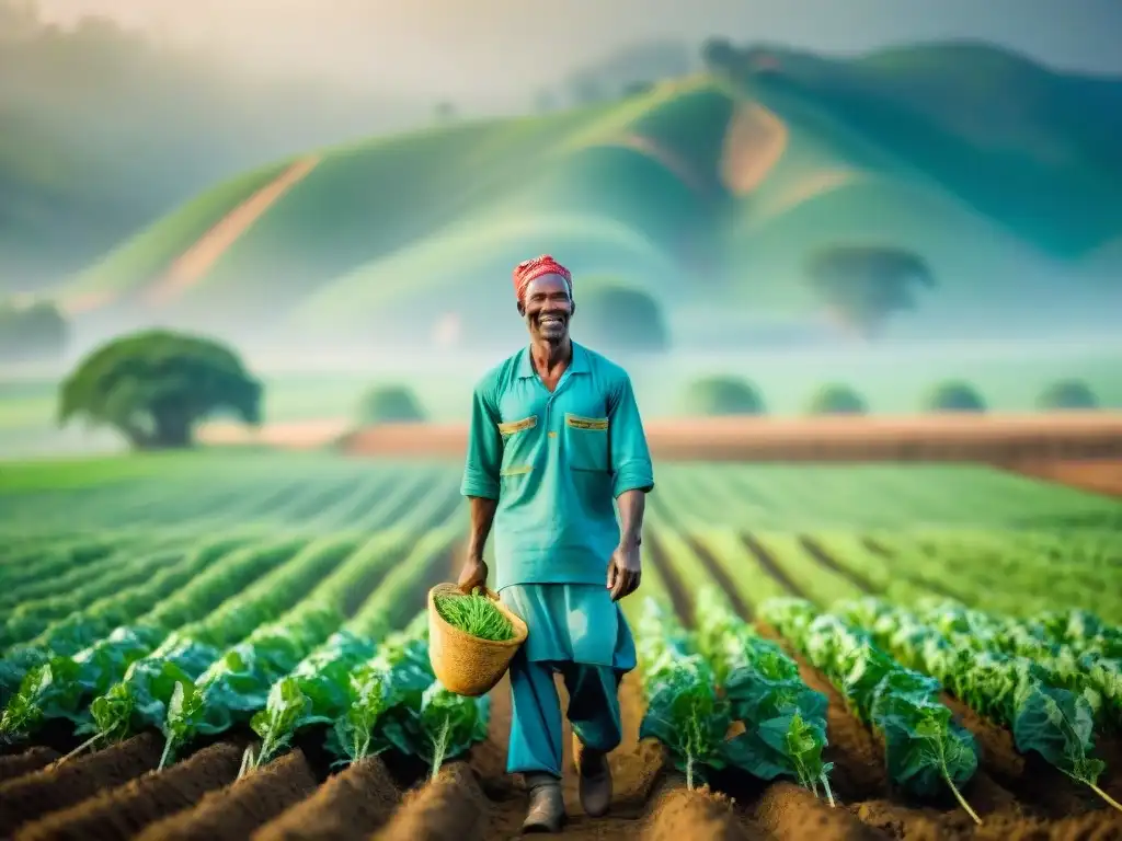 Un grupo de agricultores africanos trabajando juntos en un campo vibrante bajo el sol abrasador, utilizando técnicas agrícolas africanas ante el cambio climático