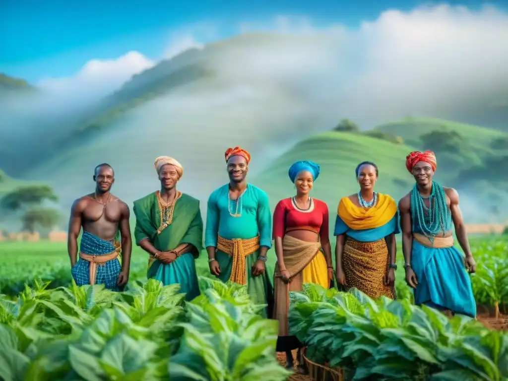 Un grupo de agricultores africanos cultivando juntos en un campo verde bajo el sol brillante