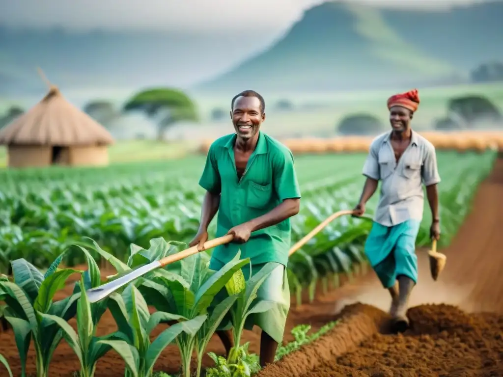 Un grupo de agricultores africanos trabajando juntos en un campo verde exuberante con herramientas tradicionales