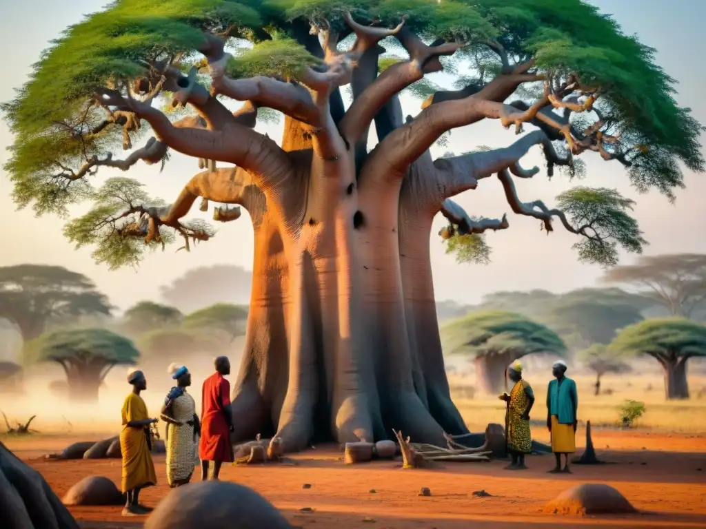 Grupo de agricultores africanos cuidando un majestuoso Baobab al atardecer, simbolizando los beneficios del superalimento africano