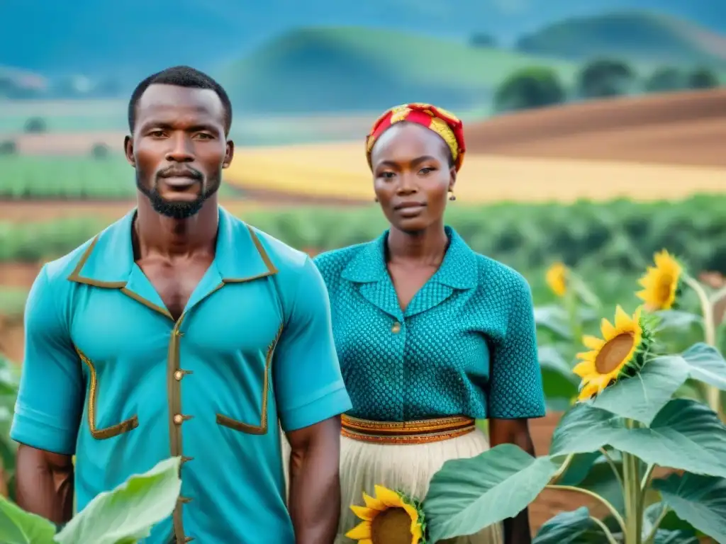 Grupo de agricultores africanos cultivando un paisaje diverso con maíz, mandioca y girasoles