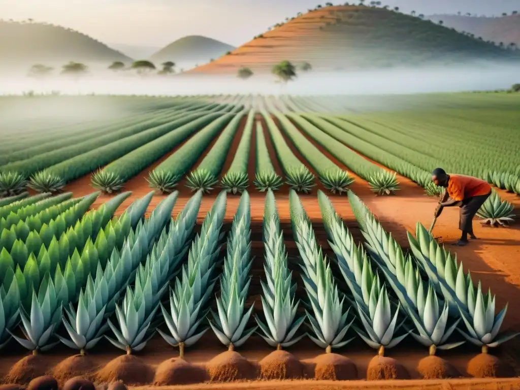 Grupo de agricultores africanos cuidando plantas de Aloe Vera bajo el sol