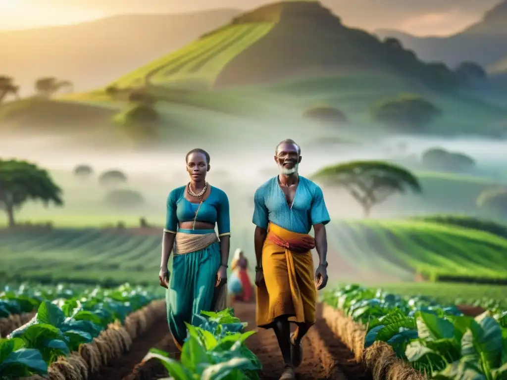 Grupo de agricultores africanos en ropa tradicional cultivando la tierra con técnicas agrícolas ancestrales, bajo el cálido sol poniente