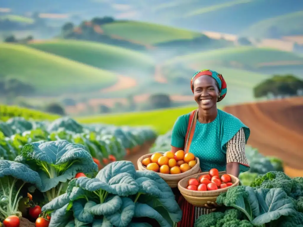 Grupo de agricultores africanos cosechando superalimentos frescos bajo el sol, en un campo exuberante