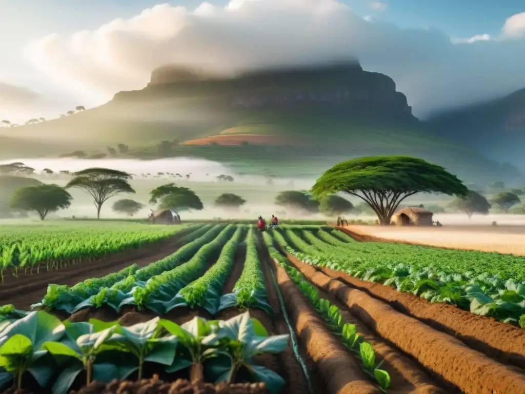 Grupo de agricultores africanos practicando técnicas ancestrales en un campo verde