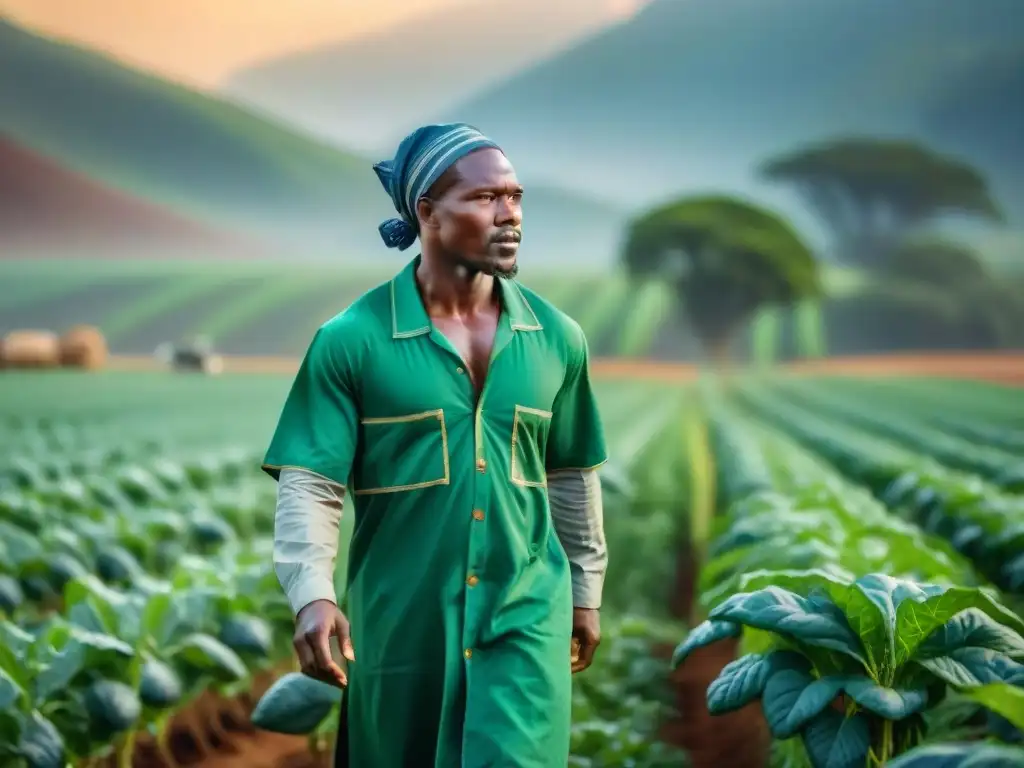 Un grupo de agricultores africanos practicando técnicas innovadoras como riego por goteo y rotación de cultivos en un campo verde exuberante