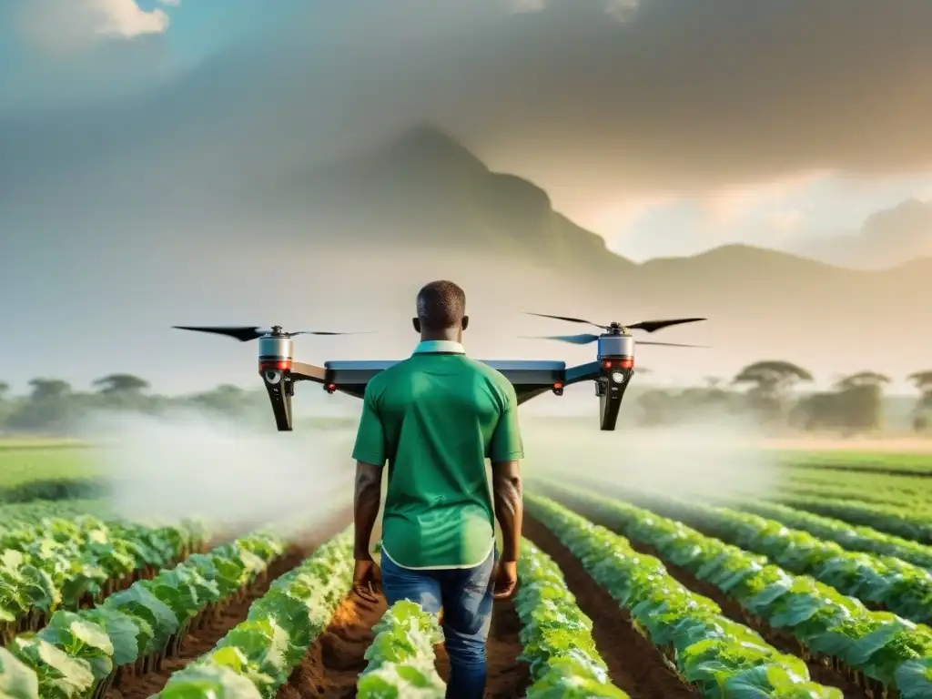 Grupo de agricultores africanos innovando con tecnología en un campo verde, simbolizando oportunidades en la cadena de valor agrícola