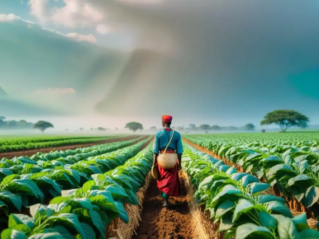 Grupo de agricultores africanos cultivando la tierra con técnicas agrícolas ancestrales bajo el sol africano