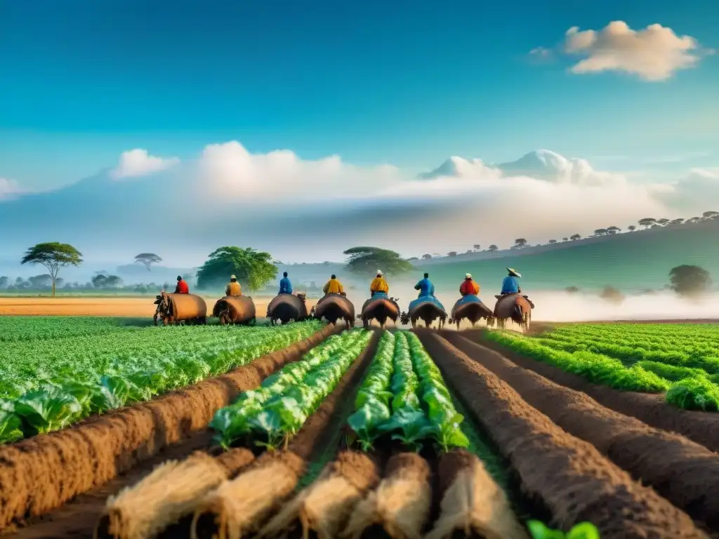 Grupo de agricultores africanos cultivando la tierra con técnicas agrícolas ancestrales, en armonía con la naturaleza