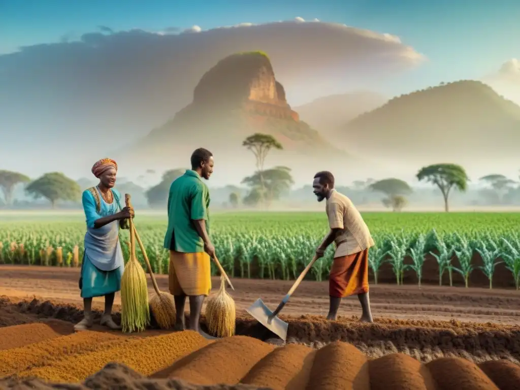 Grupo de agricultores africanos cultivando la tierra con millet, sorgo y ñames, usando herramientas antiguas