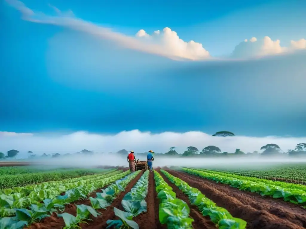 Grupo de agricultores en África Central cultivando la tierra de forma tradicional