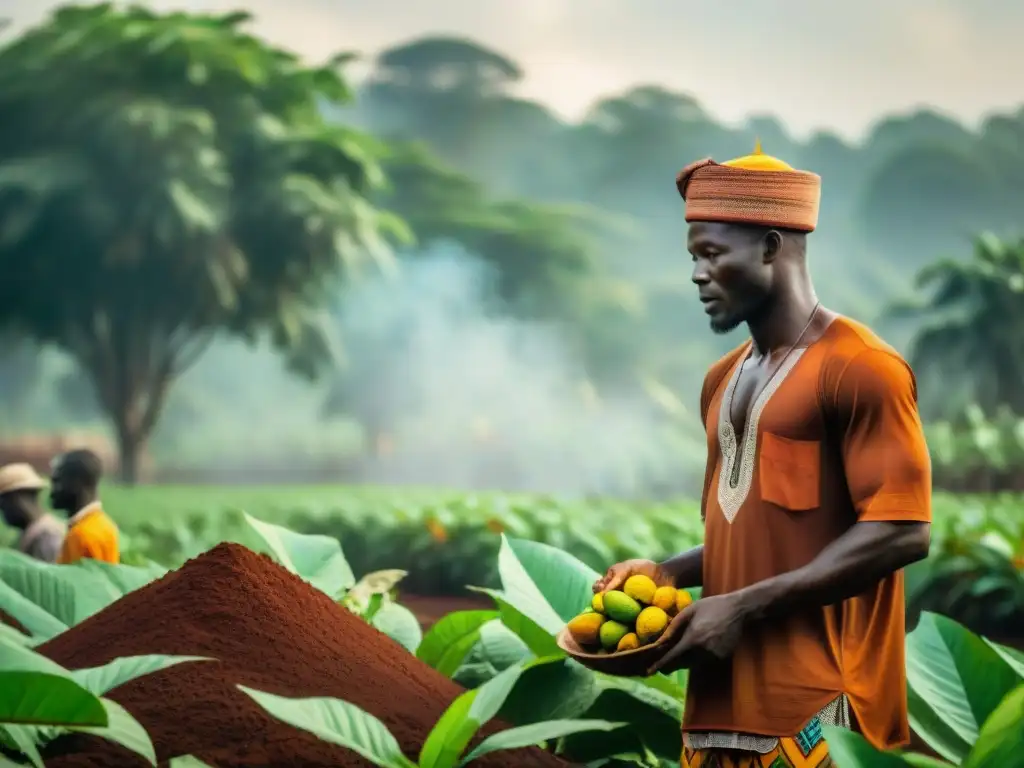 Grupo de agricultores marfileños cosechando cacao bajo el sol abrasador