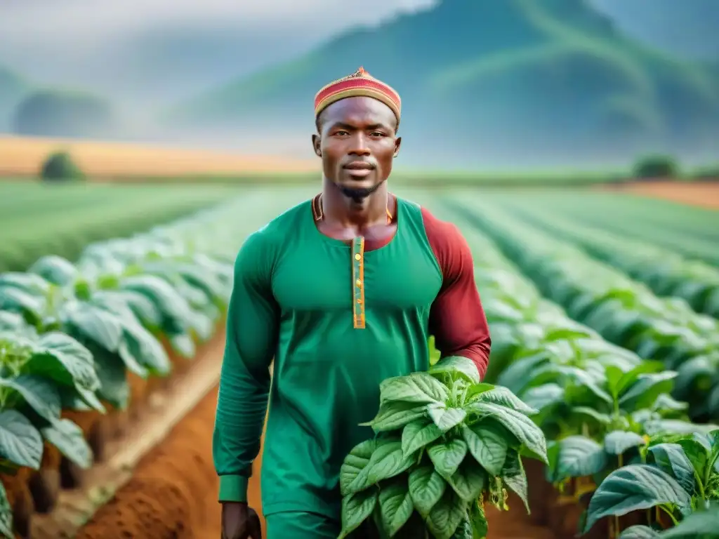 Grupo de agricultores en África Occidental utilizando innovaciones en agricultura en un entorno vibrante y exuberante