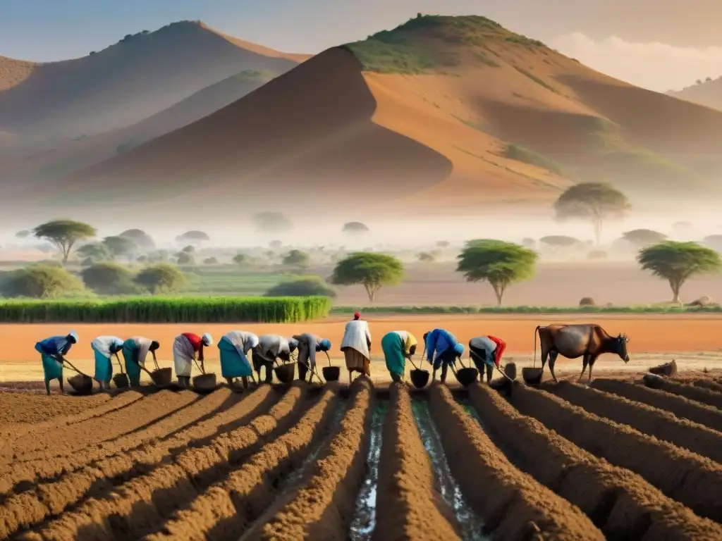 Un grupo de agricultores Sahelianos trabajando en armonía bajo el sol abrasador, utilizando herramientas tradicionales