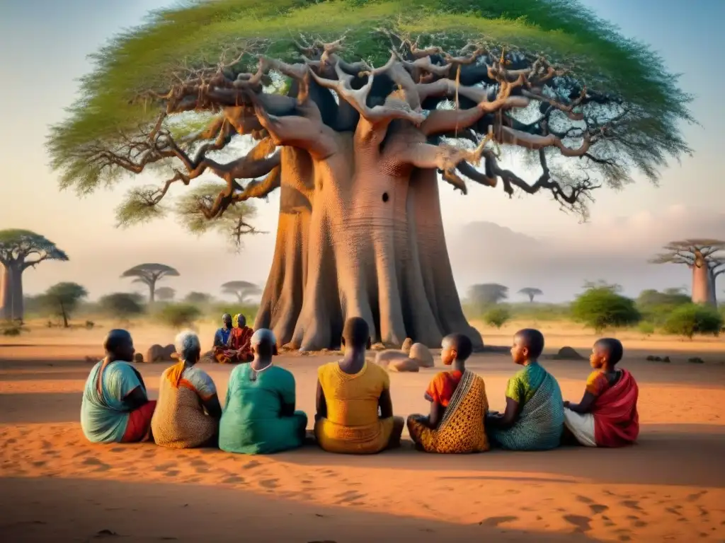 Grupo medita bajo baobab en aldea africana