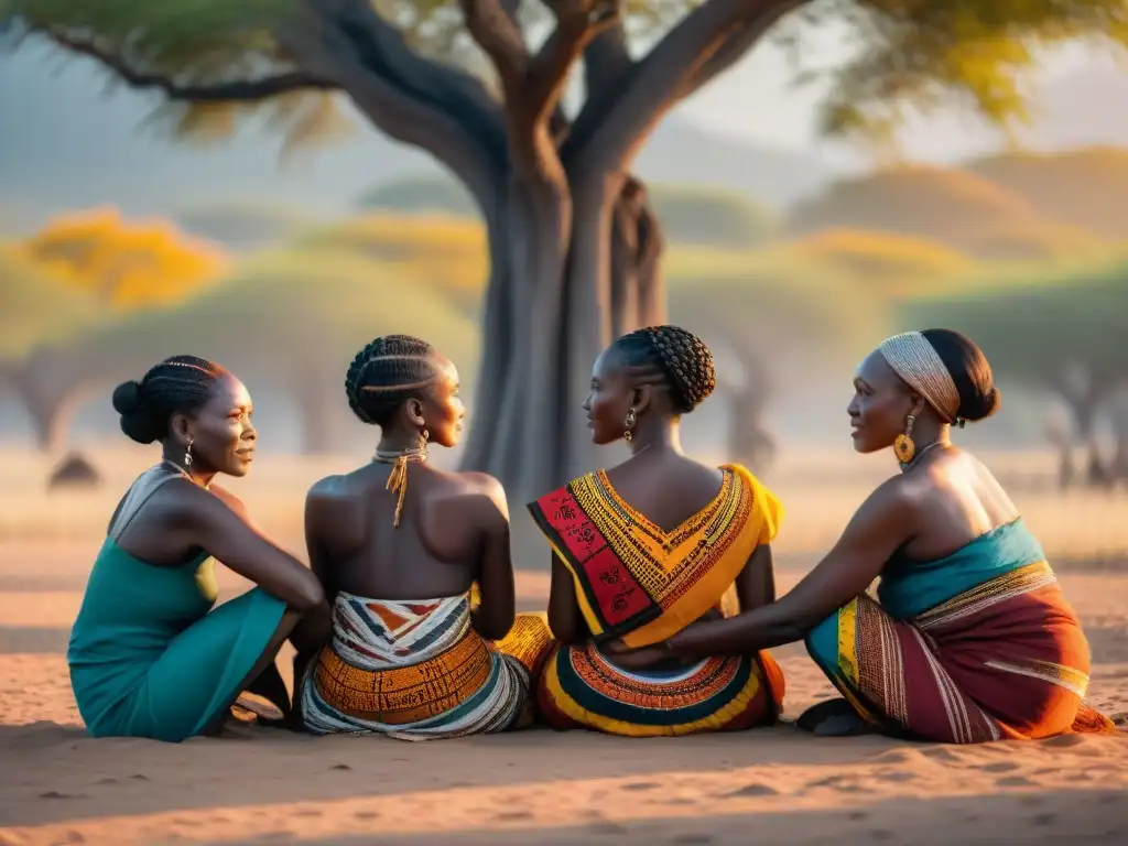 Un grupo de ancianas africanas comparten narrativas orales bajo un árbol al atardecer, mostrando la riqueza cultural de África