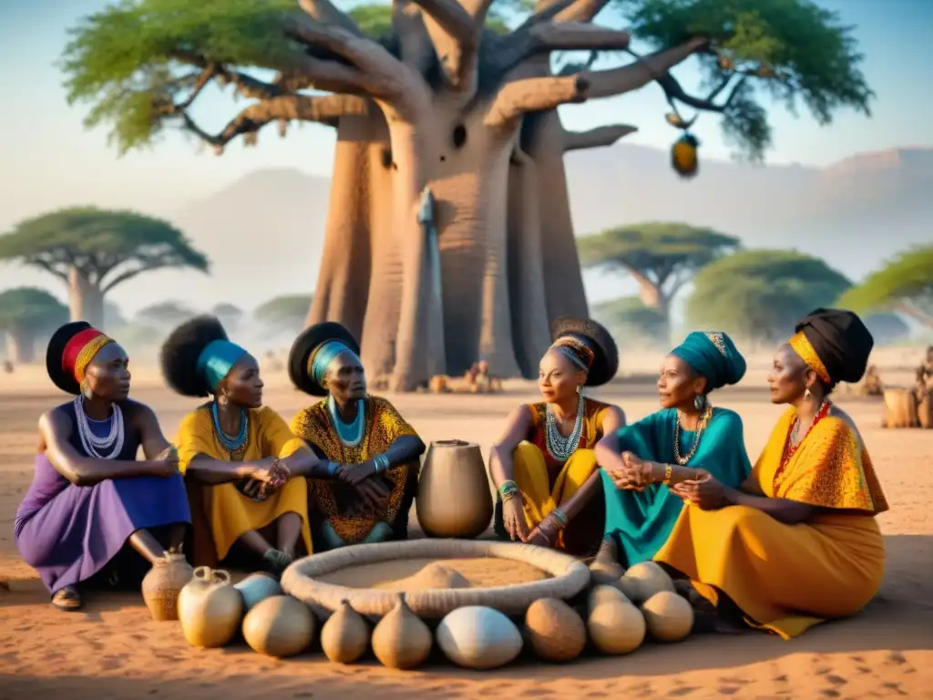 Grupo de ancianas africanas bajo baobab, en profunda discusión