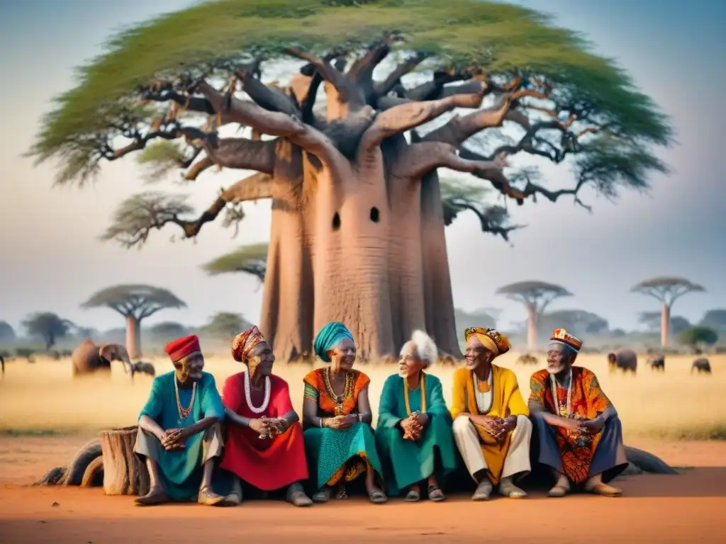 Grupo de ancianos africanos en animada charla bajo baobab