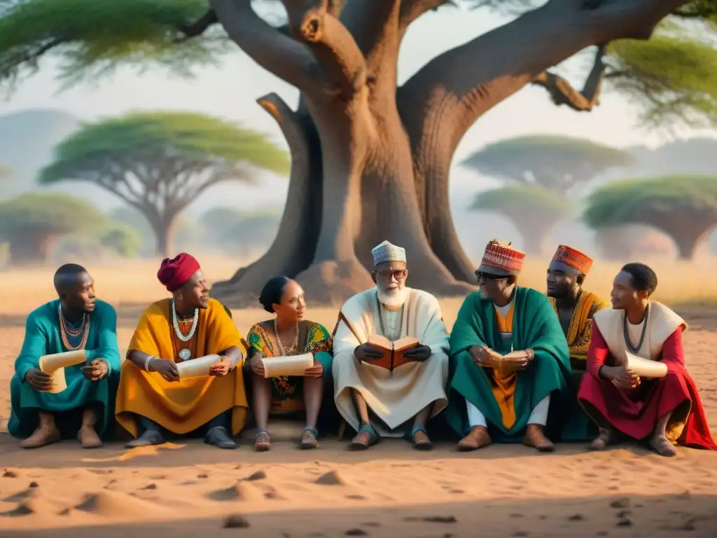 Un grupo de ancianos africanos debatiendo bajo un árbol, rodeados de manuscritos antiguos