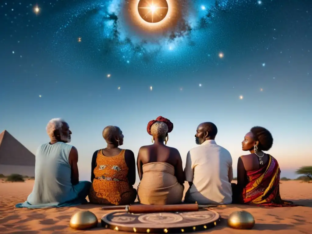 Un grupo de ancianos africanos estudian los astros bajo un cielo estrellado, reflejando la Astrología en civilizaciones africanas