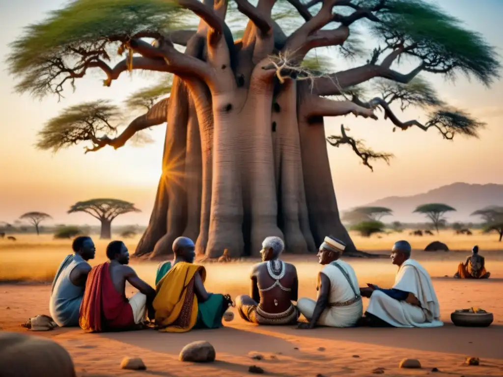 Un grupo de ancianos africanos en atuendo tradicional bajo un baobab, discuten sabiamente