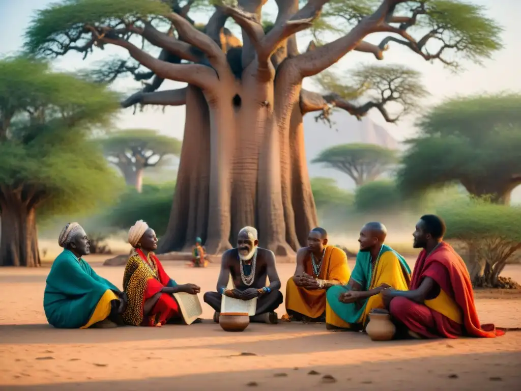 Grupo de ancianos africanos debatiendo bajo un Baobab, vestidos con trajes tradicionales coloridos