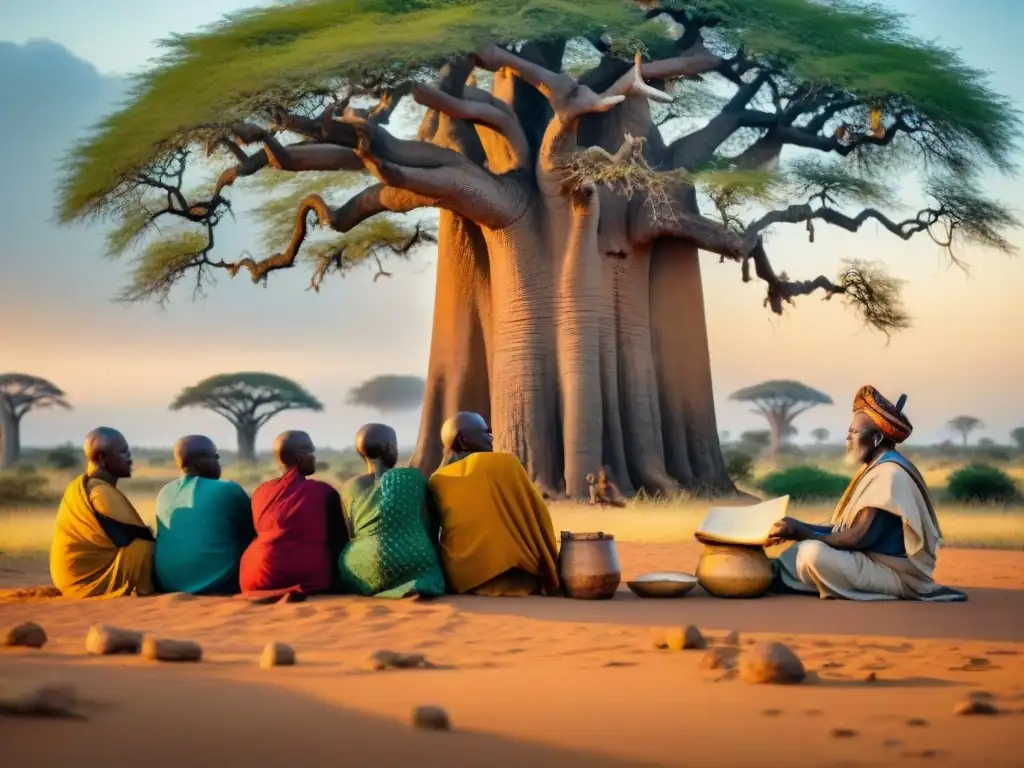 Grupo de ancianos africanos debajo de un baobab, discutiendo con escrituras pictográficas africanas