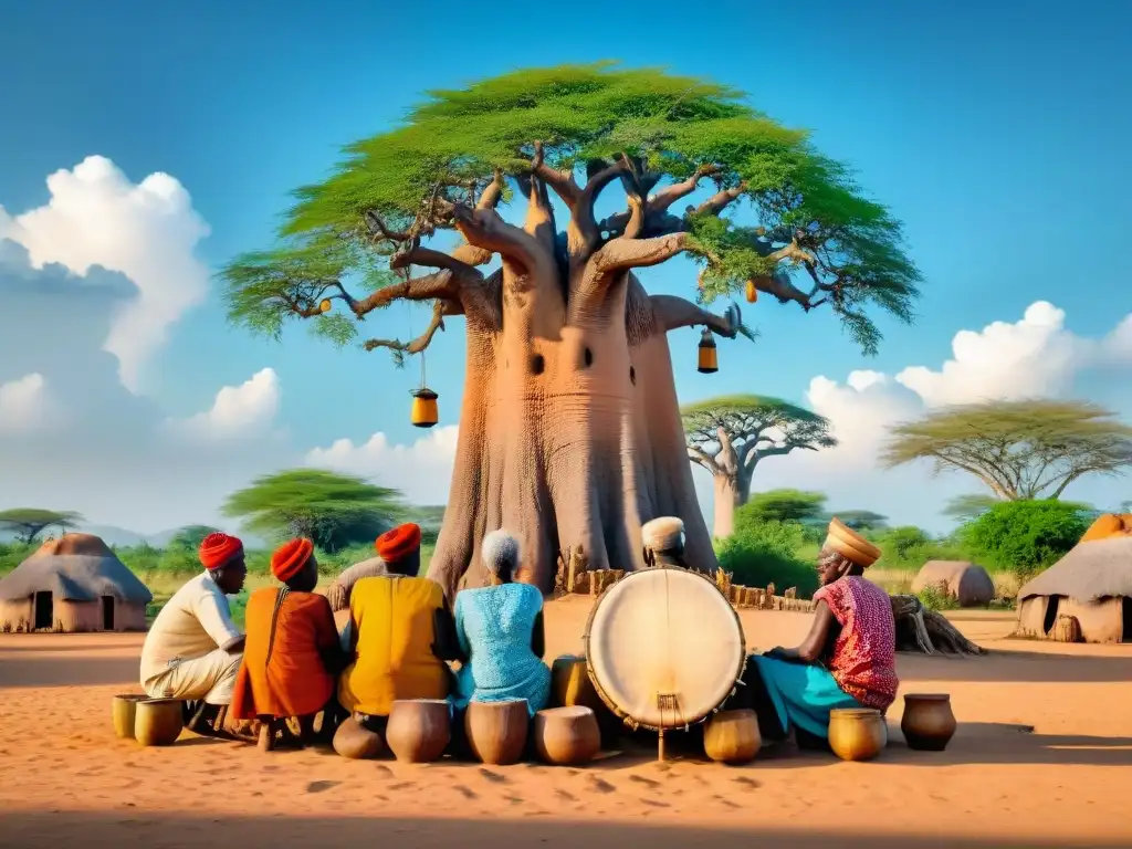 Grupo de ancianos africanos bajo un baobab transmitiendo sabiduría a niños con música y danza