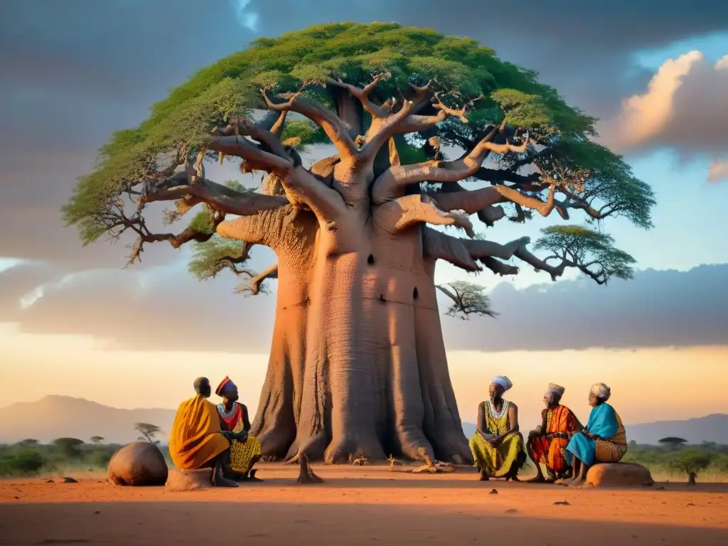 Un grupo de ancianos africanos se reúne bajo un baobab al atardecer, destacando la Importancia del tiempo en tradiciones africanas