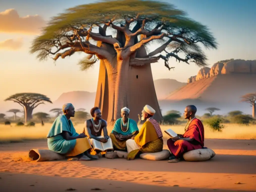 Un grupo de ancianos africanos bajo un baobab, discutiendo en lenguas antiguas, resalta la importancia de preservarlas ante la modernidad