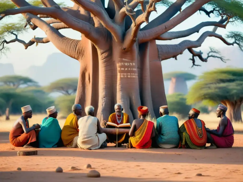 Un grupo de ancianos africanos bajo un baobab centenario, leyendo libros antiguos