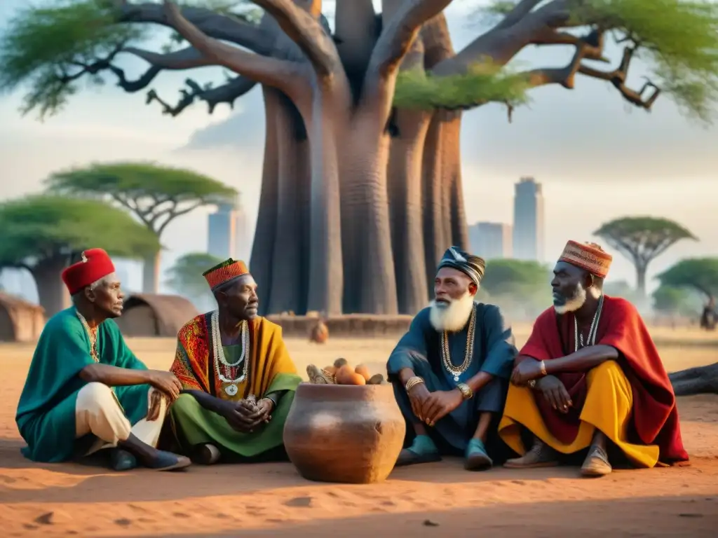 Un grupo de ancianos africanos debatiendo bajo un baobab, simbolizando la modernidad en tradiciones africanas