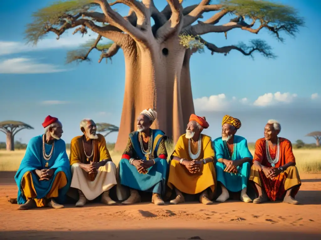 Un grupo de ancianos africanos bajo un baobab, vestidos con trajes vibrantes