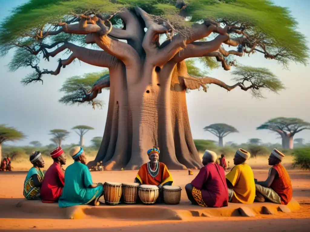 Un grupo de ancianos africanos bajo un baobab, tocando tambores y transmitiendo sabiduría y tradición