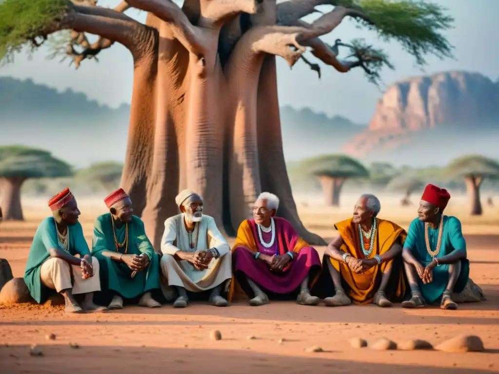 Un grupo de ancianos africanos conversa animadamente bajo un baobab, mostrando sabiduría y resiliencia