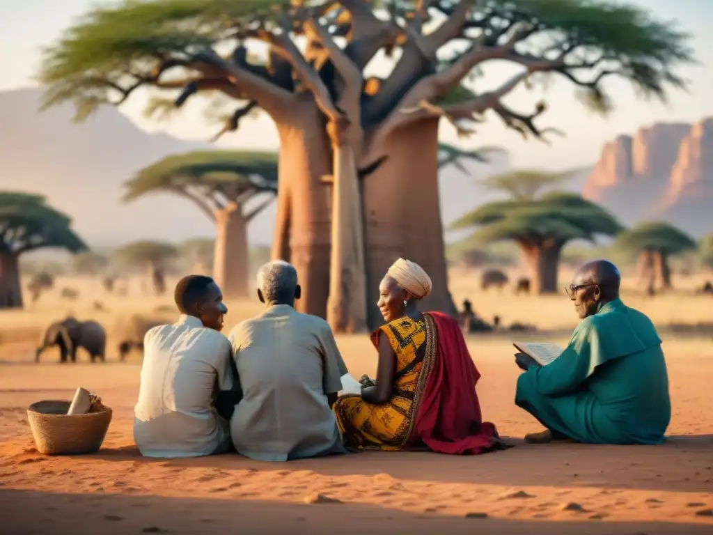 Grupo de ancianos africanos debatiendo bajo un baobab al atardecer, sosteniendo manuscritos antiguos