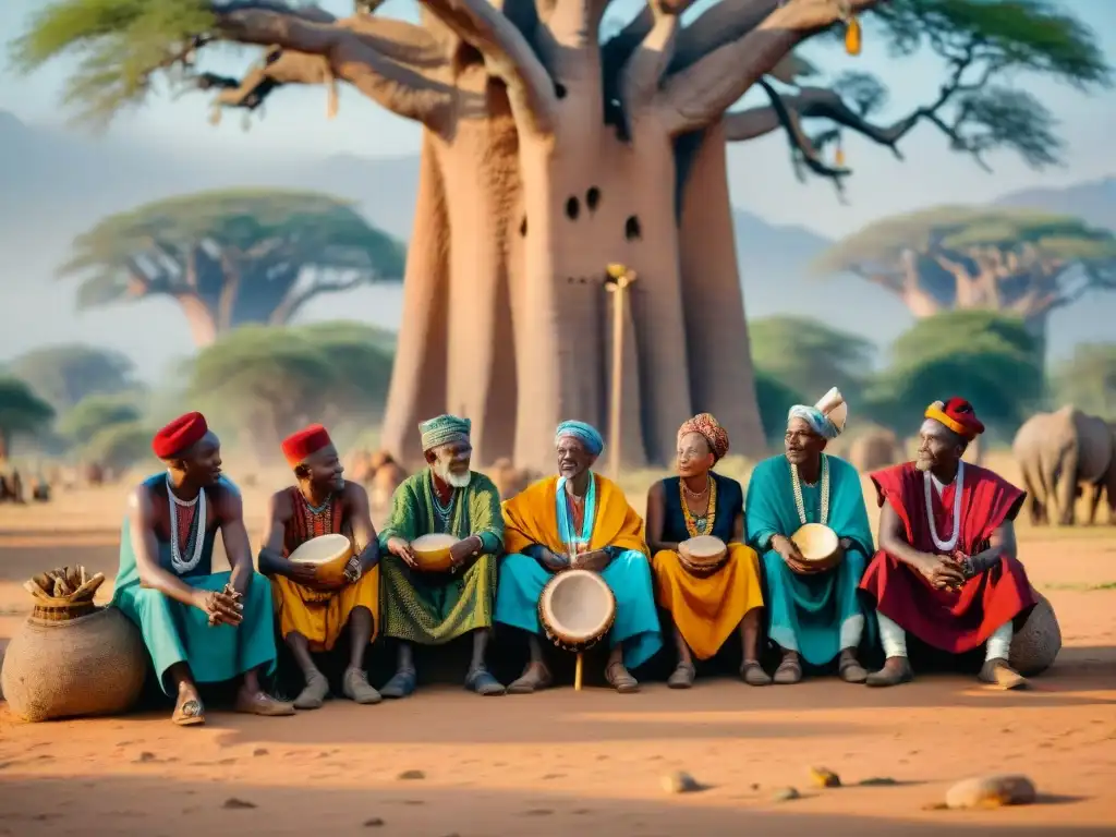 Un grupo de ancianos africanos bajo un baobab, discutiendo rodeados de instrumentos y pergaminos antiguos