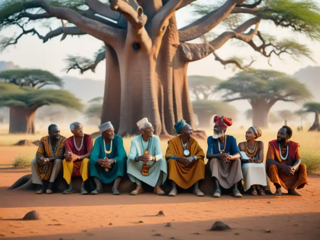 Un grupo de ancianos africanos bajo un baobab, rodeados de símbolos de tiempo, discutiendo sabiamente