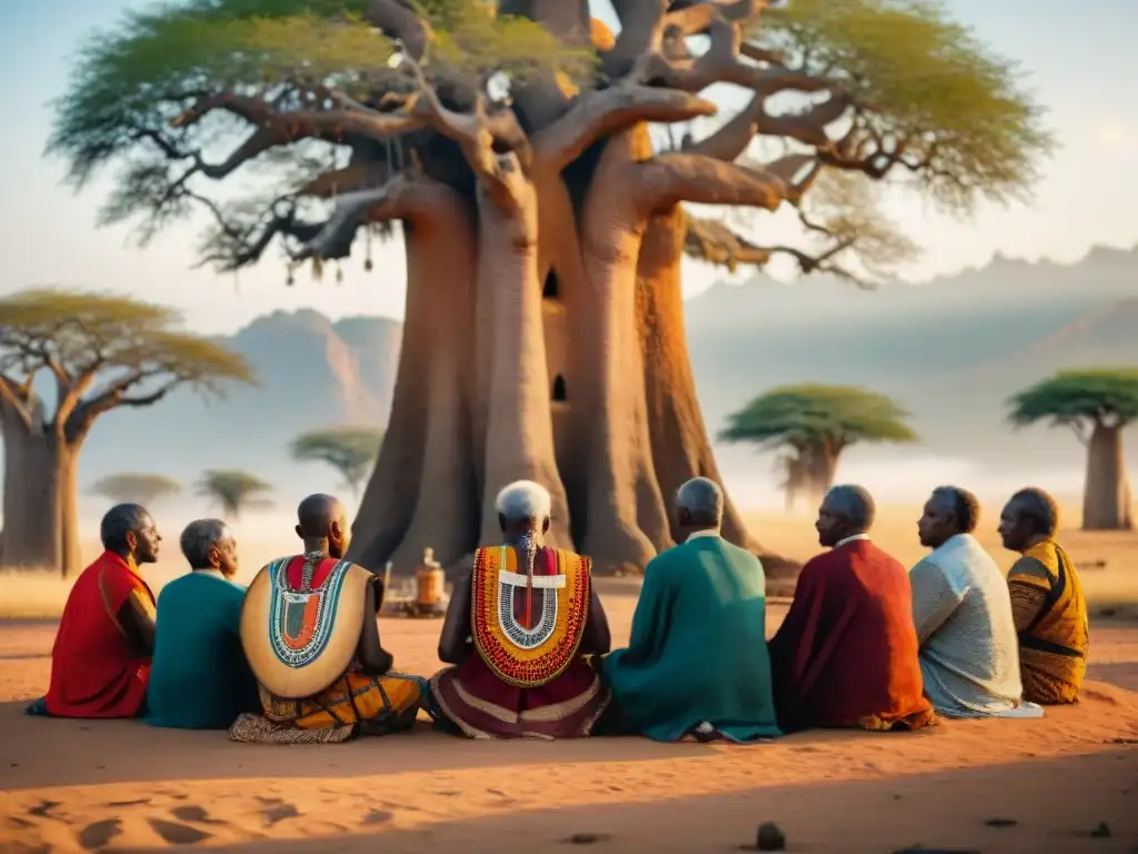 Un grupo de ancianos africanos se reúne bajo un Baobab en una ceremonia curativa