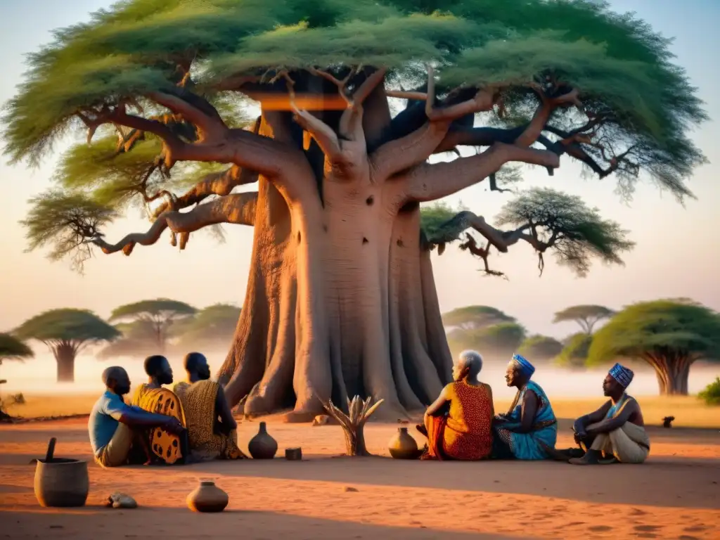 Un grupo de ancianos africanos bajo un baobab, preservando la espiritualidad de civilizaciones africanas