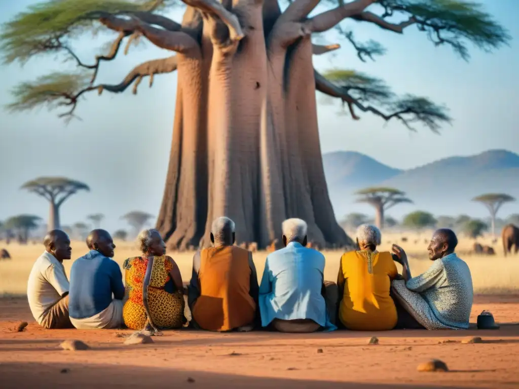 Un grupo de ancianos africanos bajo un baobab compartiendo sabiduría