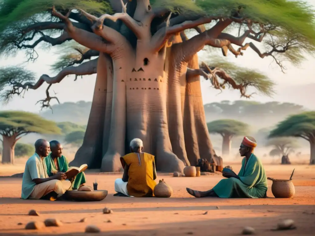 Un grupo de ancianos africanos bajo un Baobab, inmersos en el desarrollo de lenguas escritas africanas