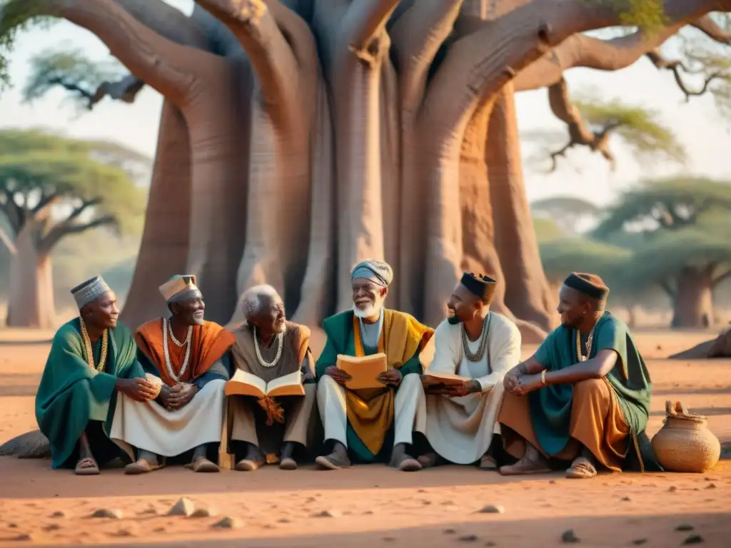 Grupo de ancianos africanos debatiendo bajo un Baobab, resguardando la importancia de lenguas antiguas en la sociedad africana