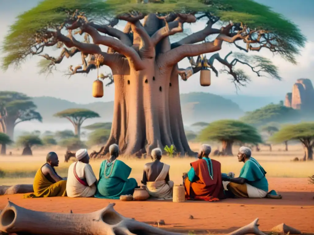 Un grupo de ancianos africanos resistiendo la colonización bajo un baobab, intercambiando lenguas antiguas en pergaminos